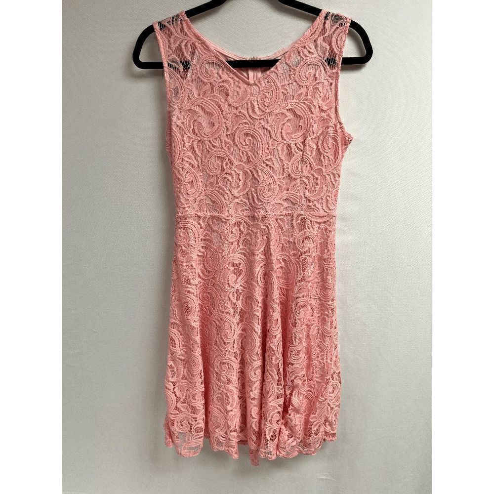 Womens Lined Sleeveless V neck A-line Lace Mini Dress Pink Floral Size Medium